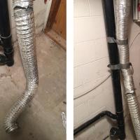 Here is an example of the use of incorrect materials and poor installation. Foil tubing shouldn't be used for a dryer vent line, as it is highly flammable, and the ridges in both materials used here catch dryer lint and lead to build up and clogs.